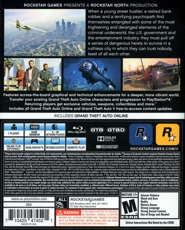 Grand Theft Auto 5 Back Cover - Playstation 4 Pre-Played
