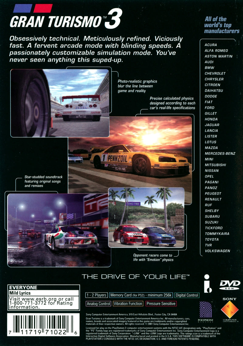 Gran Turismo 3 A-Spec Back Cover - Playstation 2 Pre-Played