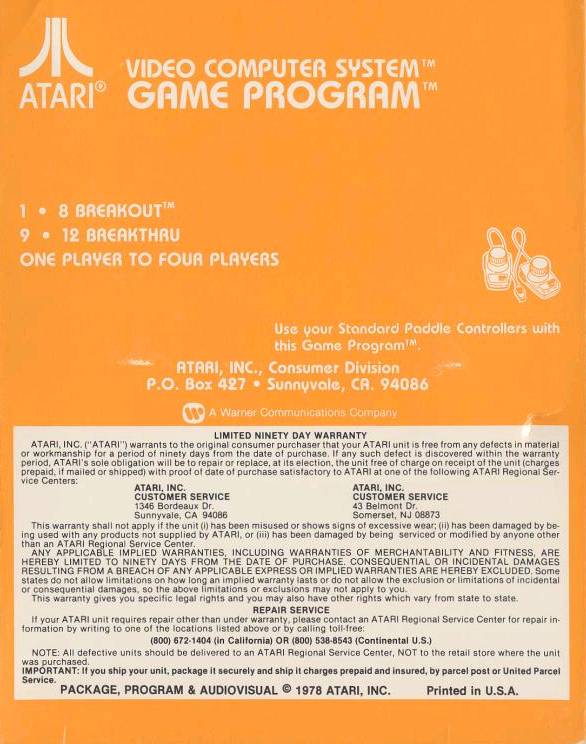 Breakout Back Cover - Atari Pre-Played