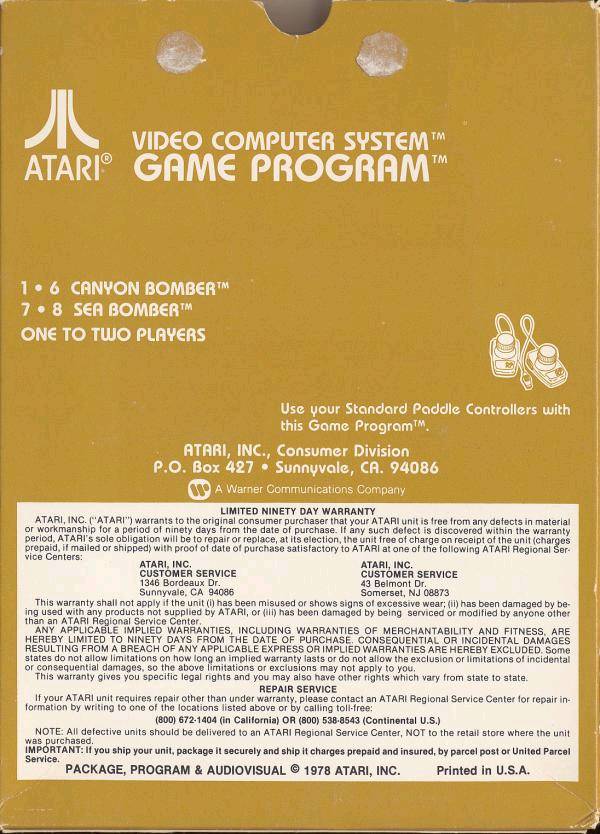 Canyon Bomber Back Cover - Atari Pre-Played