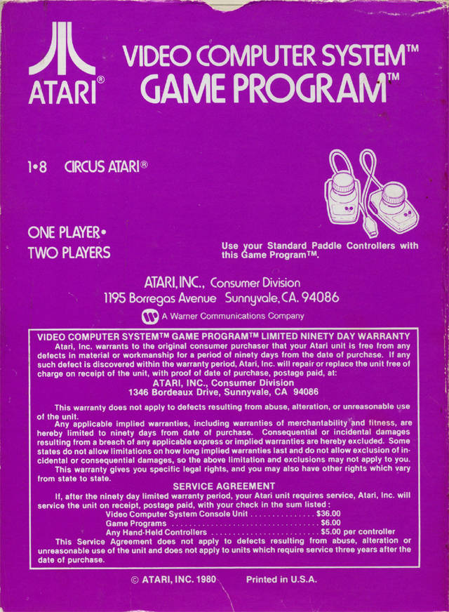 Circus Atari Back Cover - Atari Pre-Played