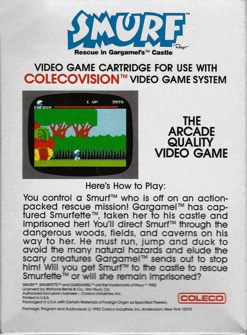 Smurf: Rescue In Gargamel's Castle Back Cover - ColecoVision Pre-Played