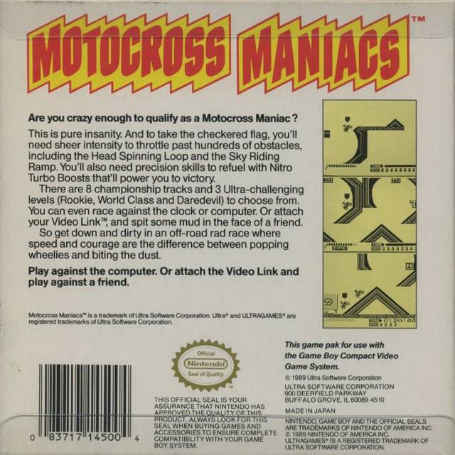 Motocross Maniacs Back Cover - Nintendo Gameboy Pre-Played