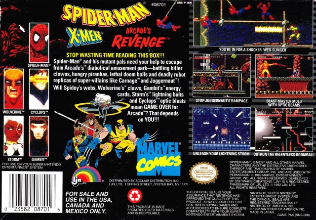 Spider-man X-men Arcade's Revenge Back Cover - Super Nintendo, SNES Pre-Played