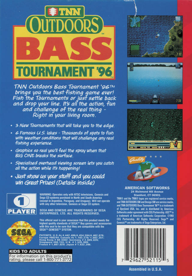 Bass Tournament '96 Back Cover - Sega Genesis Pre-Played