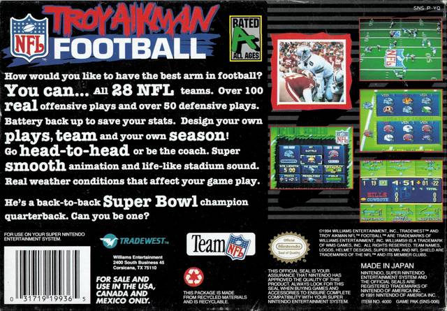 Troy Aikman Football Back Cover - Super Nintendo SNES Pre-Played