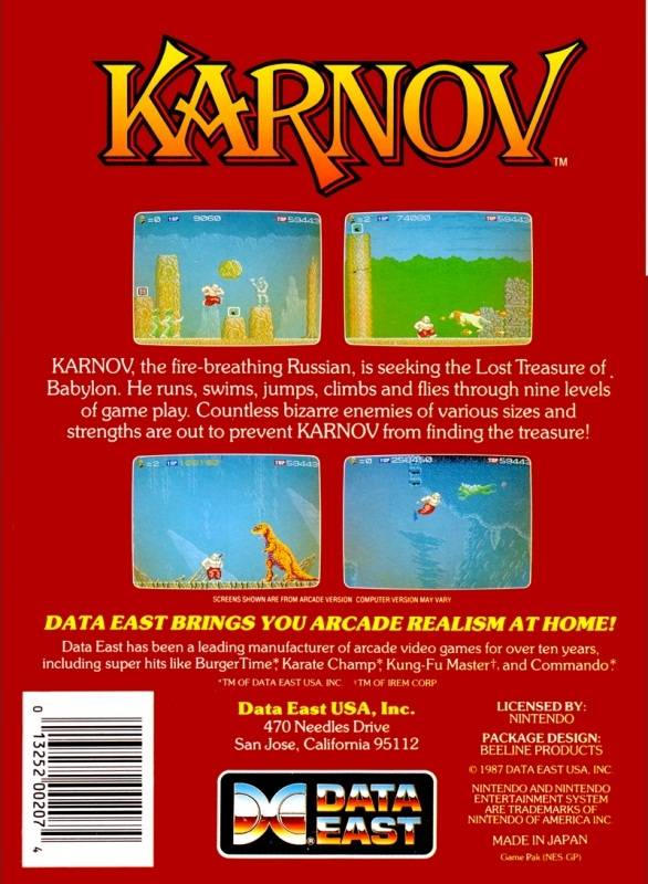 Karnov Back Cover - Nintendo Entertainment System NES Pre-Played