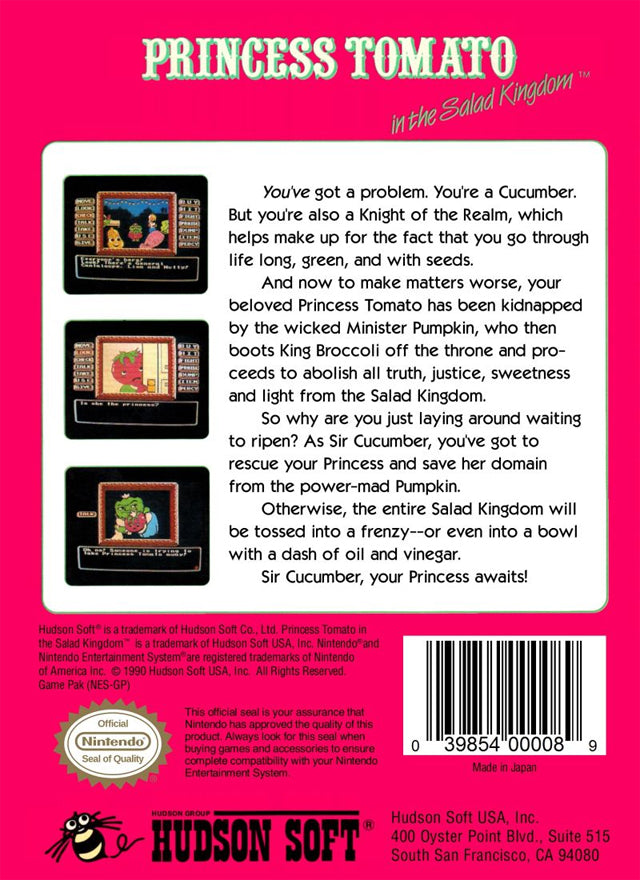 Princess Tomato in the Salad Kingdom Back Cover - Nintendo Entertainment System, NES Pre-Played