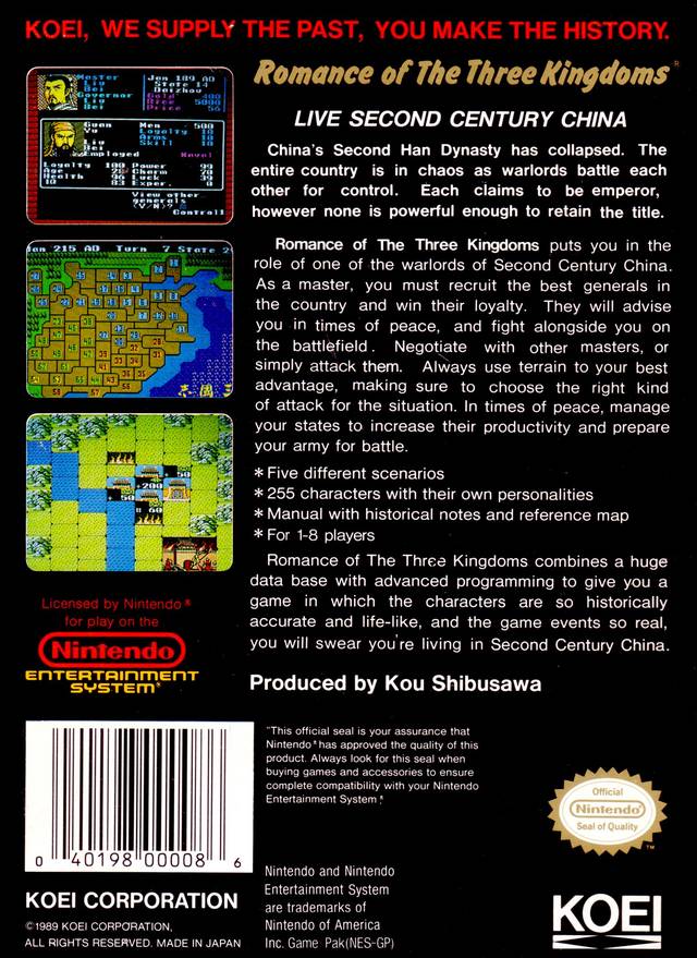 Romance of the Three Kingdoms Back Cover - Nintendo Entertainment System, NES Pre-Played