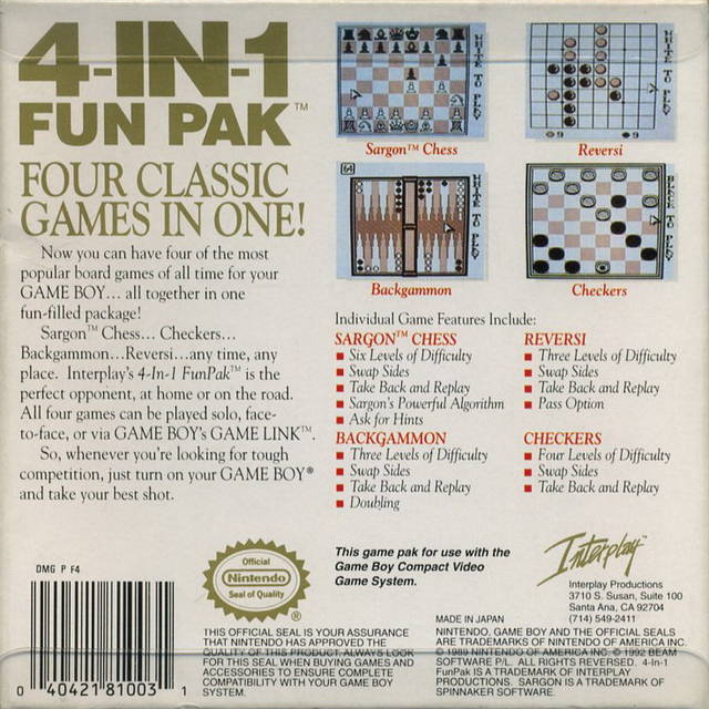 4 in 1 Fun Pak Nintendo Gameboy Back Cover