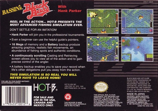 Bassin's Black Bass with Hank Parker Back Cover - Super Nintendo Entertainment System Pre-Played