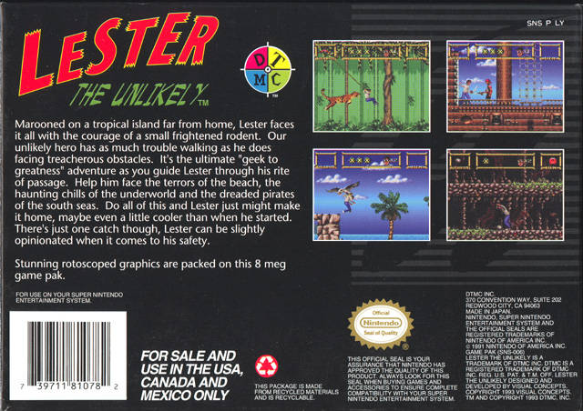 Lester The Unlikely Back Cover - Super Nintendo, SNES Pre-Played