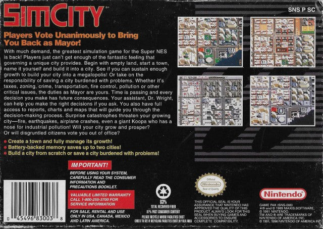 Sim City Back Cover - Super Nintendo, SNES Pre-Played 