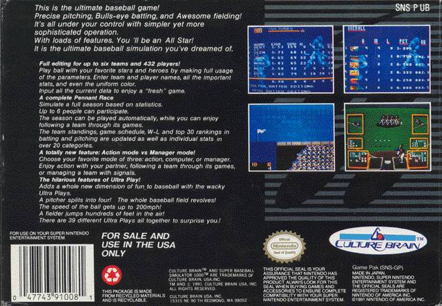 Super Baseball Simulator 1.000 Back Cover - Super Nintendo SNES Pre-Played