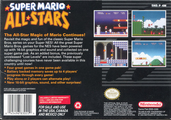Super Mario All Stars Back Cover - Super Nintendo, SNES Pre-Played