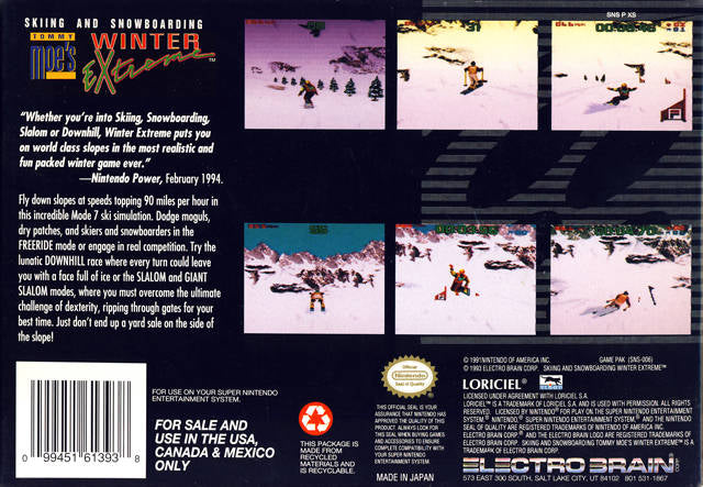 Tommy Moe's Winter Extreme: Skiing & Snowboarding Back Cover - Super Nintendo, SNES Pre-Played