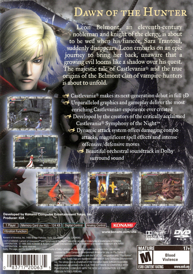Castlevania Lament of Innocence Back Cover - Playstation 2 Pre-Played
