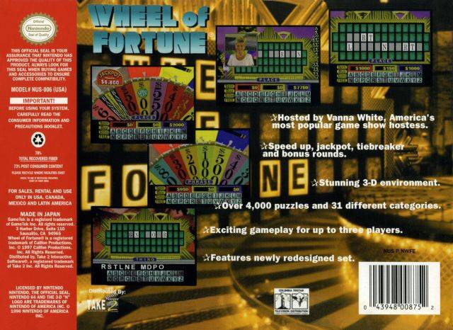 Wheel of Fortune Back Cover - Nintendo 64 Pre-Played