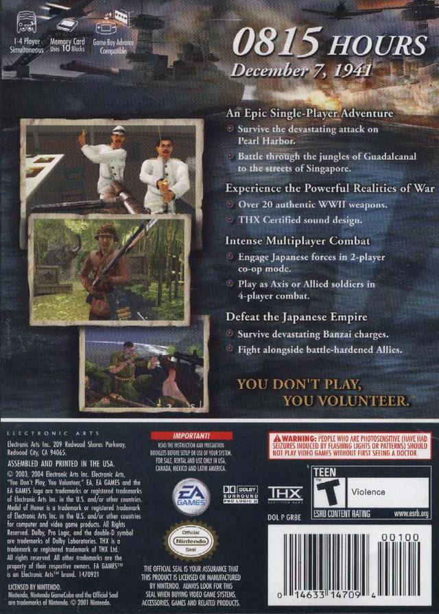 Medal of Honor Rising Sun Back Cover - Nintendo Gamecube Pre-Played