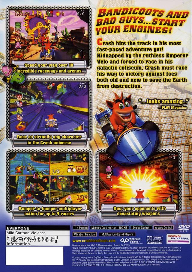 Crash Nitro Kart Back Cover - Playstation 2 Pre-Played