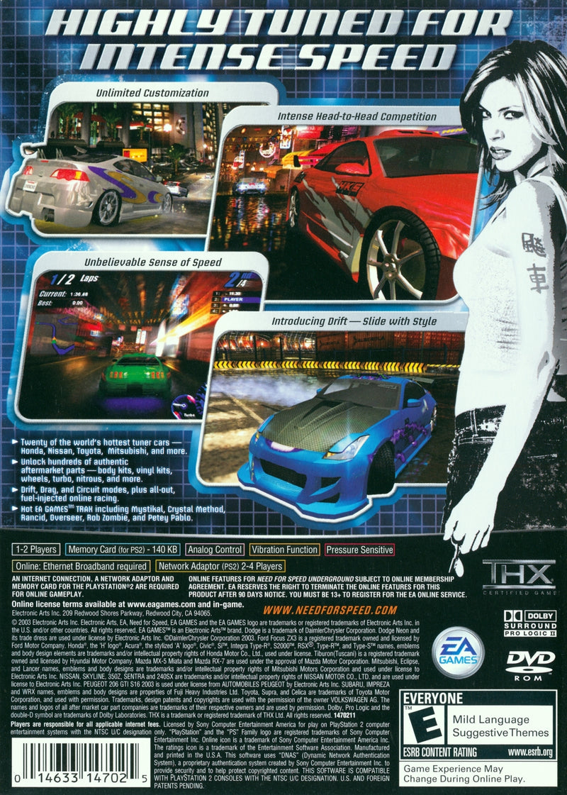 Need For Speed Underground Back Cover - Playstation 2 Pre-Played