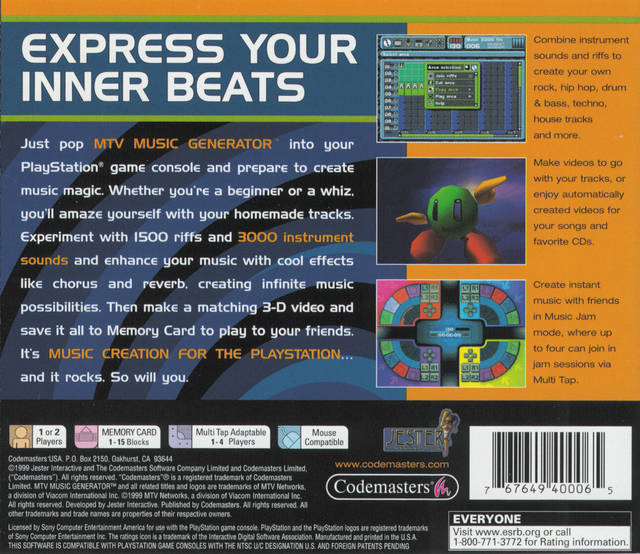 MTV Music Generator Back Cover - Playstation 1 Pre-Played