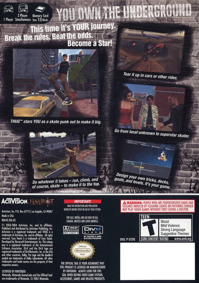 Tony Hawk's Underground Back Cover - Nintendo Gamecube Pre-Played