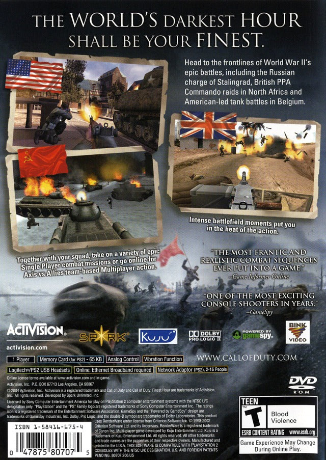 Call of Duty Finest Hour Back Cover - Playstation 2 Pre-Played