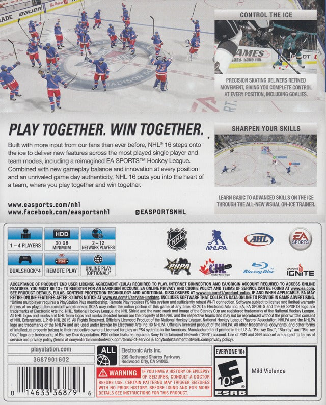 NHL 16 Back Cover - Playstation 4 Pre-Played