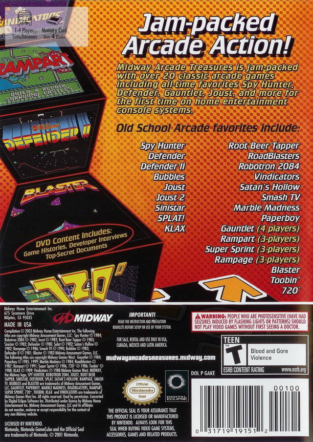 Midway Arcade Treasures Back Cover - Nintendo Gamecube Pre-Played