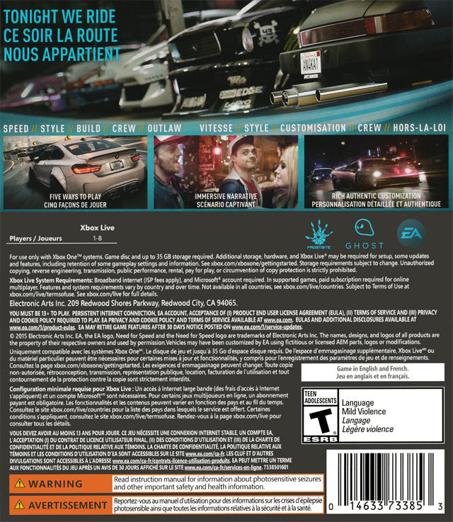 Need for Speed Back Cover - Xbox One Pre-Played