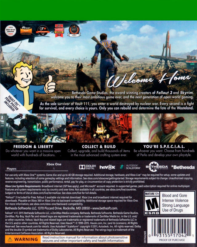 Fallout 4 Back Cover - Xbox One Pre-Played