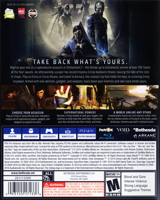 Dishonored 2 Back Cover - Playstation 4