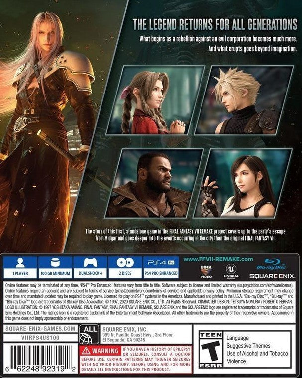 Final Fantasy VII Remake Back Cover - Playstation 4 Pre-Played