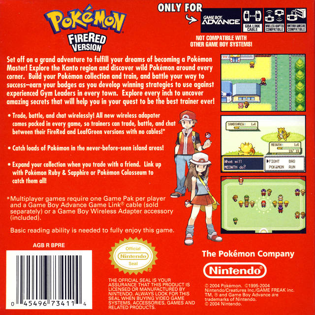 Pokemon Fire Red Version Back Cover - Nintendo Gameboy Advance Pre-Played