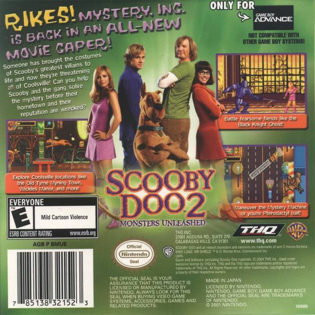 Scooby Doo! 2 Monsters Unleashed Back Cover - Nintendo Gameboy Advance Pre-Played