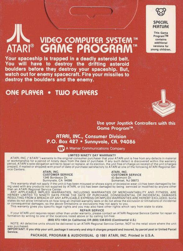 Asteroids Back Cover - Atari Pre-Played