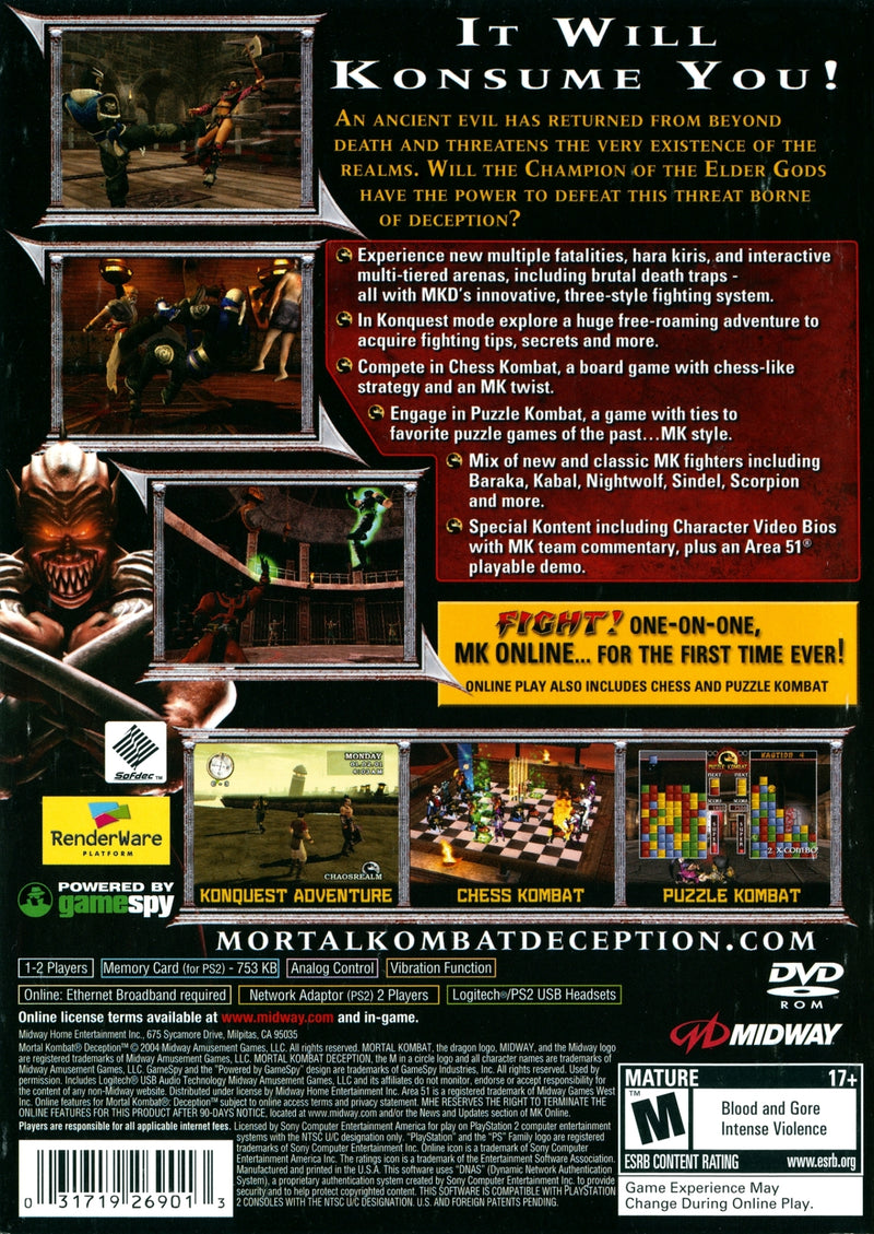 Mortal Kombat Deception Back Cover - Playstation 2 Pre-Played