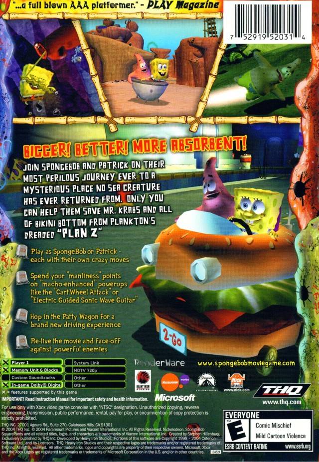 The Spongebob Squarepants The Movie Back Cover - Xbox Pre-Played