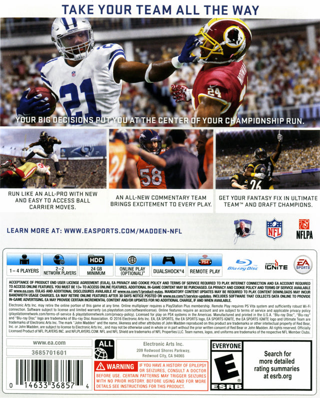 Madden 17 Back Cover - Playstation 4 Pre-Played