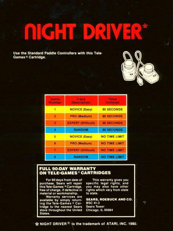 Night Driver Back Cover - Atari Pre-Played