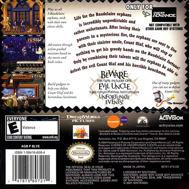 Lemony Snicket's A Series of Unfortunate Events Back Cover - Nintendo Gameboy Advance Pre-Played