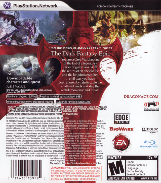 Dragon Age Origins Back Cover - Playstation 3 Pre-Played