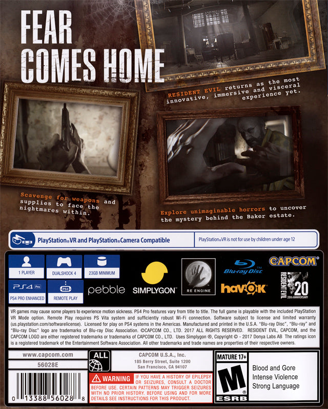 Resident Evil 7 Biohazard Back Cover - Playstation 4 Pre-Played