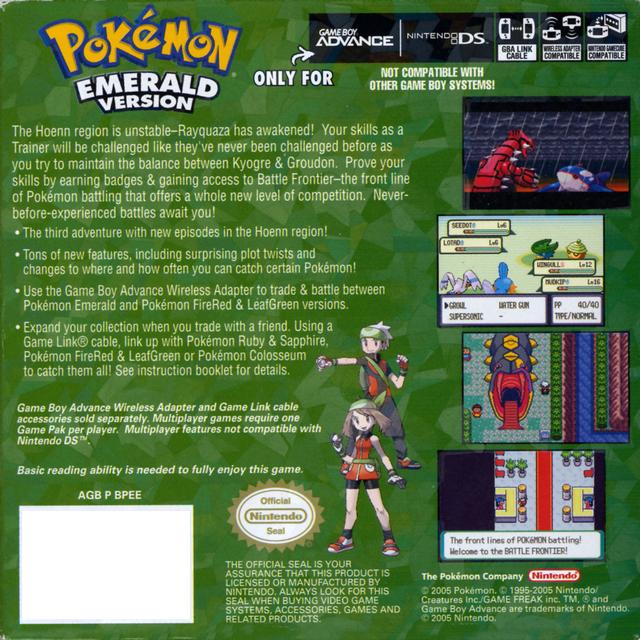 Pokemon Emerald Version Back Cover - Nintendo Gameboy Advance Pre-Played