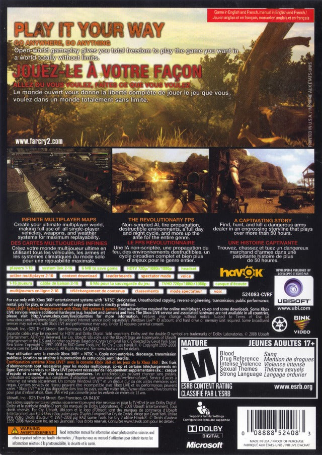 Far Cry 2 Back Cover - Xbox 360 Pre-Played