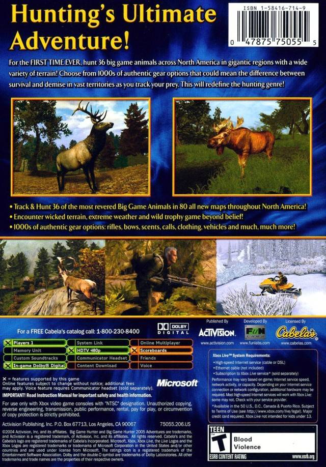Cabela's Big Game Hunter 2005 Adventures Back Cover - Xbox Pre-Played