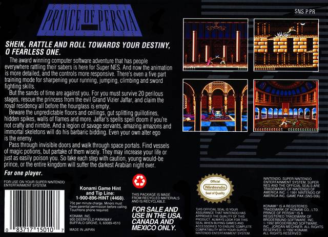 Prince of Persia Back Cover - Super Nintendo, SNES Pre-Played