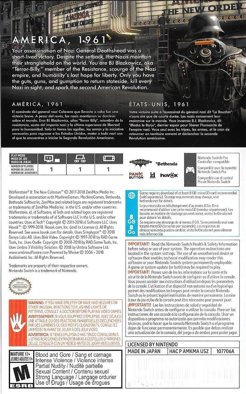 Wolfenstein II: The New Colossus Back Cover - Nintendo Switch Pre-Played