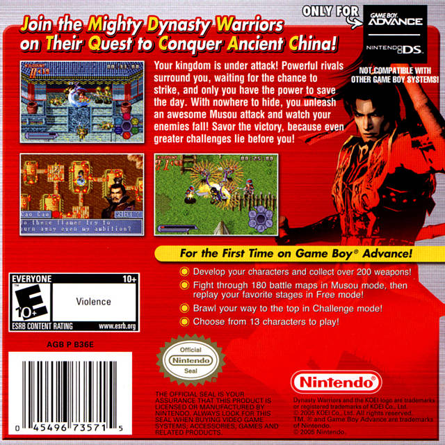 Dynasty Warriors Advance Back Cover - Nintendo Gameboy Advance Pre-Played